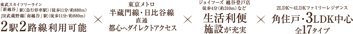 東武スカイツリーライン「新越谷」駅（急行停車駅）（徒歩11分/約880m）JR武蔵野線「南越谷」駅（徒歩11分/約880m）2駅2路線利用可能 東京メトロ 半蔵門線・日比谷線直通 都心へダイレクトアクセス ジョイフーズ 越谷登戸店 徒歩4分（約310m）など 生活利便 施設が充実 2LDK〜4LDKファミリーレジデンス 角住戸・3LDK中心 全17タイプ