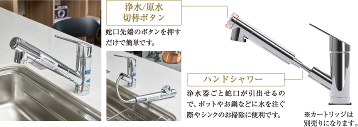 浄水/原水切替ボタン 蛇口先端のボタンを押すだけで簡単です。 ハンドシャワー 浄水器ごと蛇口が引出せるので、ポットやお鍋などに水を注ぐ際やシンクのお掃除に便利です。 ※カートリッジは別売りになります。